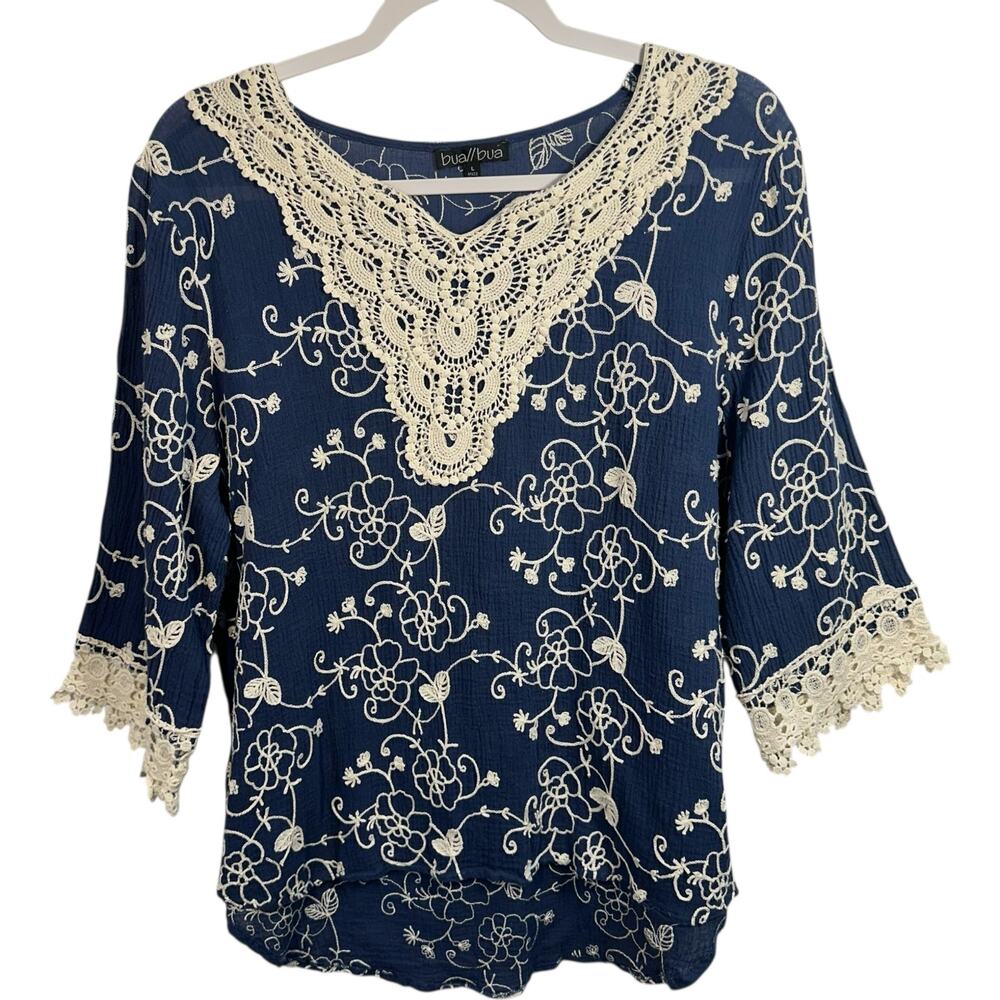 Boho Crochet Lace Peasant Top L Navy Cotton Embroidered Cottagecore Festival